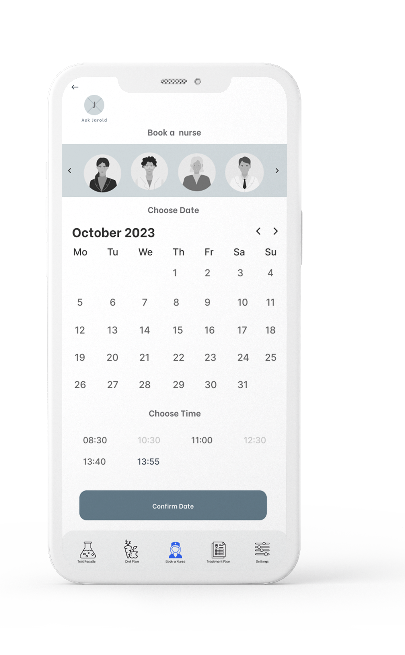 Book a nurse screen showing nurse photo and profile